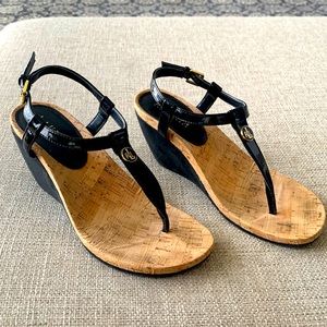 Like New, Ralph Lauren Black Patent Leather Thong Wedge Sandals